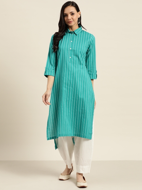 

Sangria Women Green & White Pure Cotton Striped Straight Kurta