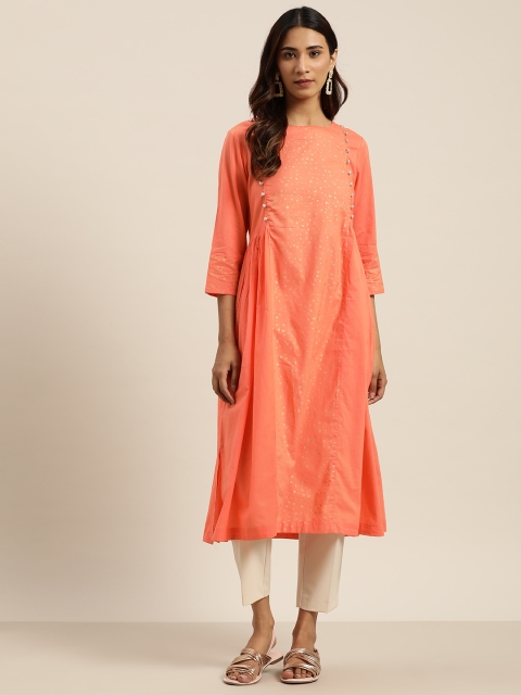 

Sangria Women Peach-Coloured & Golden Abstract Print Pure Cotton Panelled A-Line Kurta