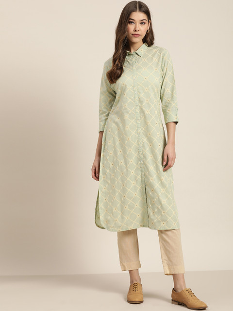 

Sangria Women Green & Cream-Coloured Printed Pure Cotton Straight Kurta