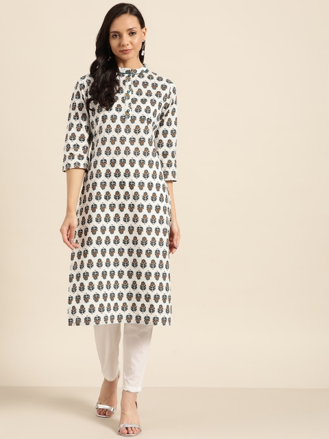 

Sangria Women White & Blue Printed Pure Cotton A-Line Kurta