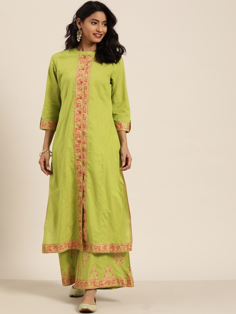 

Sangria Women Lime Green & Pink Pure Cotton Solid Kurta with Palazzos