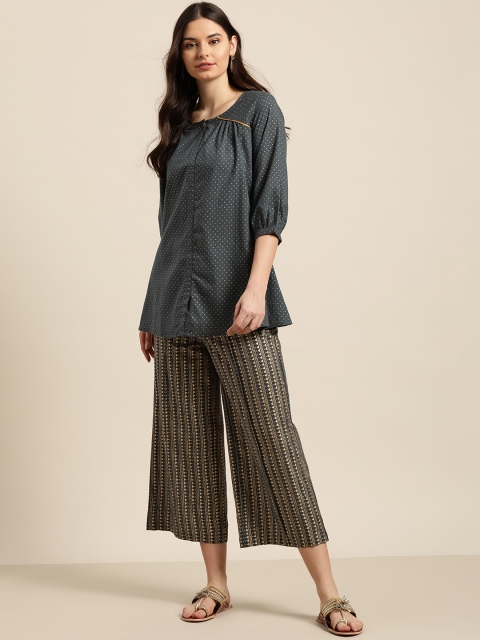

Sangria Women Charcoal Grey & Golden Printed Kurti with Palazzos