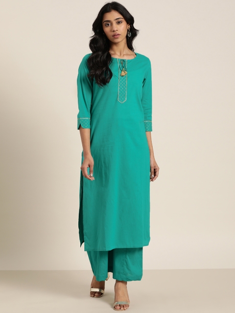 

Sangria Women Turquoise Green & Golden Yoke Design Pure Cotton Kurta with Palazzos