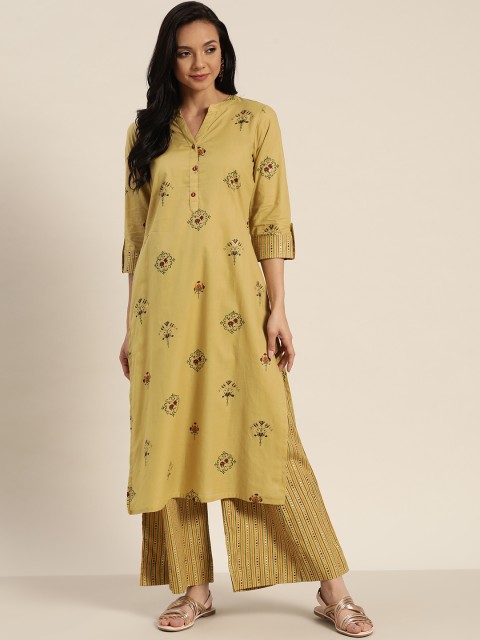 

Sangria Women Olive Green & Maroon Pure Cotton Printed Straight Kurta with Palazzos