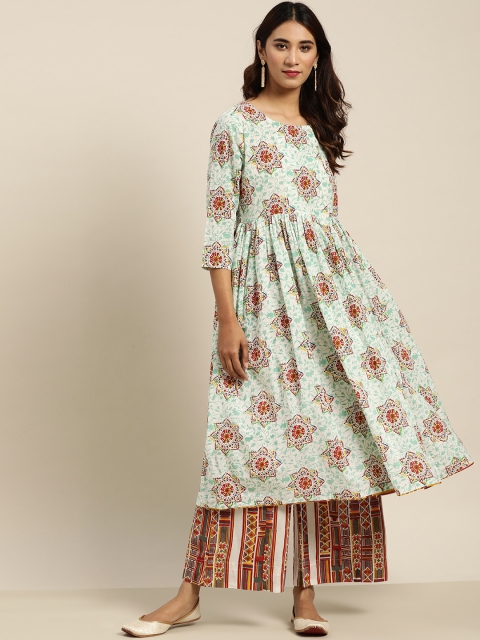 

Sangria Women Off-White & Green Printed Pure Cotton A-Line Kurta with Palazzos