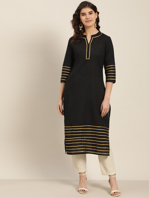 

Sangria Women Black & Golden Gotta Patti Detail Pure Cotton Straight Kurta