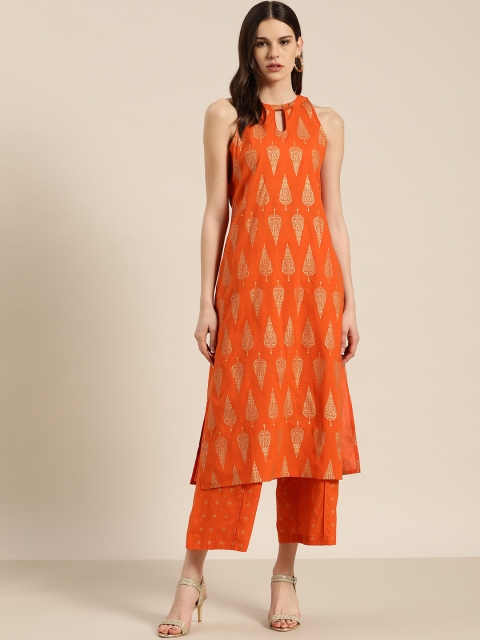 

Sangria Women Orange & Golden Pure Cotton Printed Kurta with Palazzos