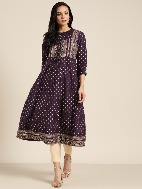 

Sangria Women Purple & Golden Printed Pure Cotton A-Line Kurta