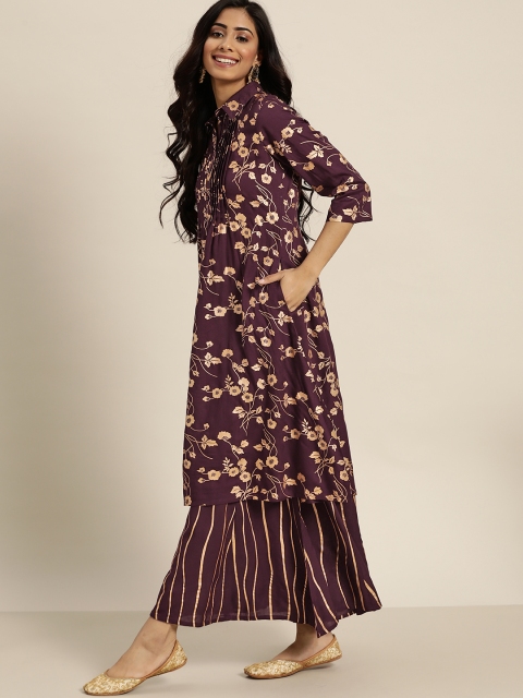 

Sangria Women Burgundy & Golden Printed Kurta with Palazzos