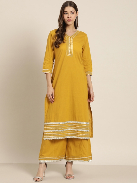 

Sangria Women Mustard Yellow Yoke Design Pure Cotton Kurta with Palazzos