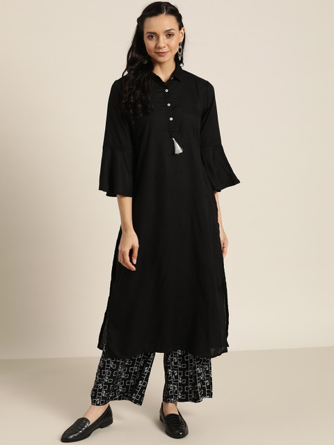 

Sangria Women Black & Silver Solid Pure Cotton Kurta with Palazzos