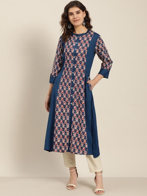 

Sangria Women Teal Blue & Red Ethnic Motifs Print A-Line Kurta
