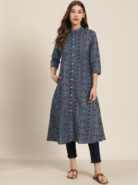 

Sangria Women Navy Blue & Silver Printed Pure Cotton A-Line Kurta