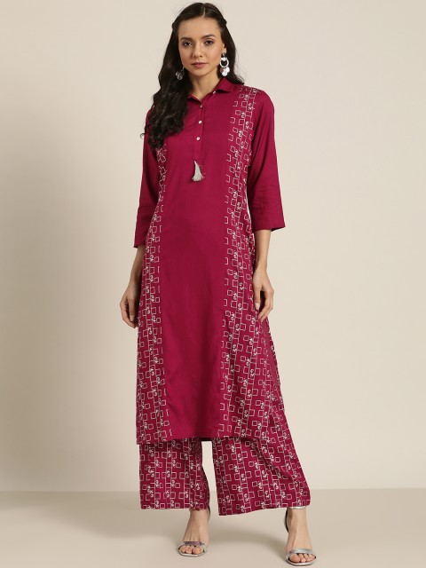 

Sangria Women Magenta & Silver Printed Kurta with Palazzos