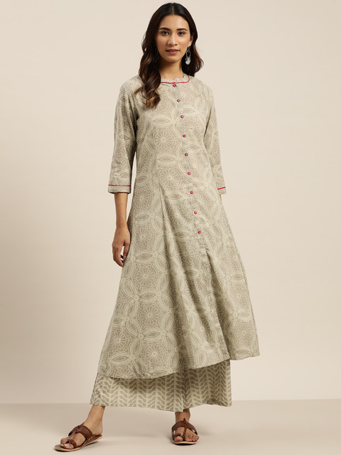 

Sangria Women Grey & White Ethnic Motifs Print Cotton A-Line Panelled Kurta with Palazzos