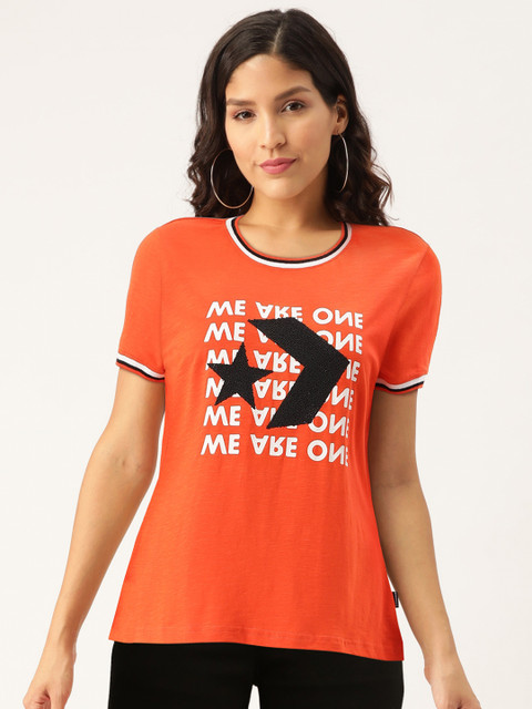 

Converse Women Orange Brand Logo Printed Round Neck Pure Cotton T-shirt