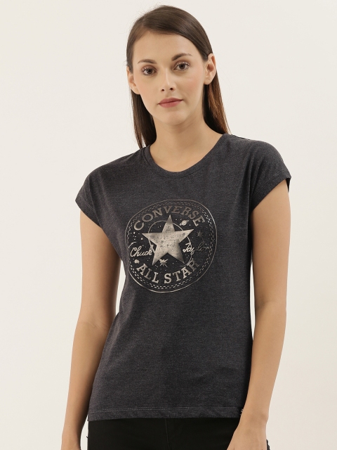 Converse Women Charcoal Grey Brand Logo Printed Round Neck T-shirt