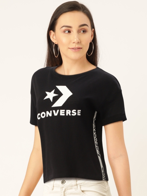 

Converse Women Black Boxy Fit Brand Logo Printed Round Neck Cropped T-shirt