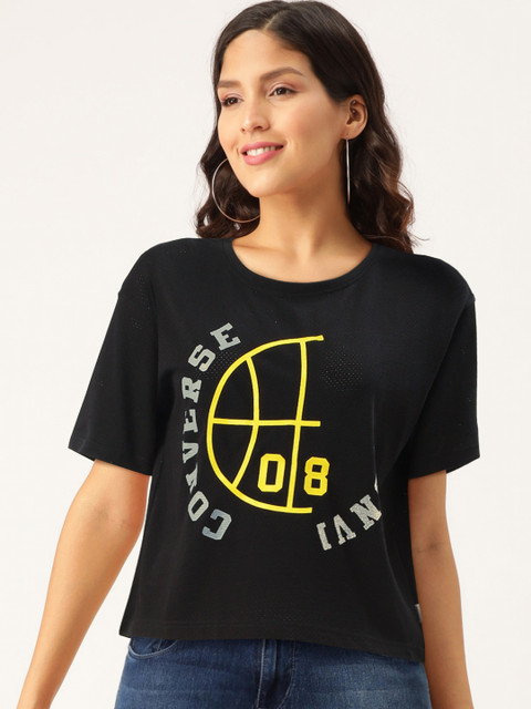 

Converse Women Black Printed Round Neck Drop-Shoulder T-shirt