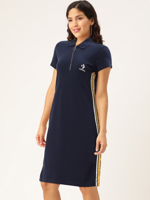 

Converse Women Navy Blue Solid T-shirt Dress with Side Striped Detail