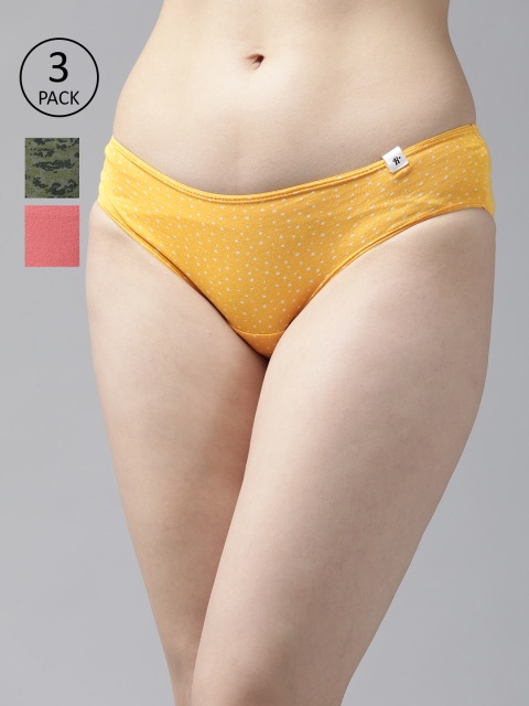 

Roadster Women Pack of 3 Pure Cotton Mid Rise Bikini Briefs RDST-COO-HIP-PRINT004, Mustard
