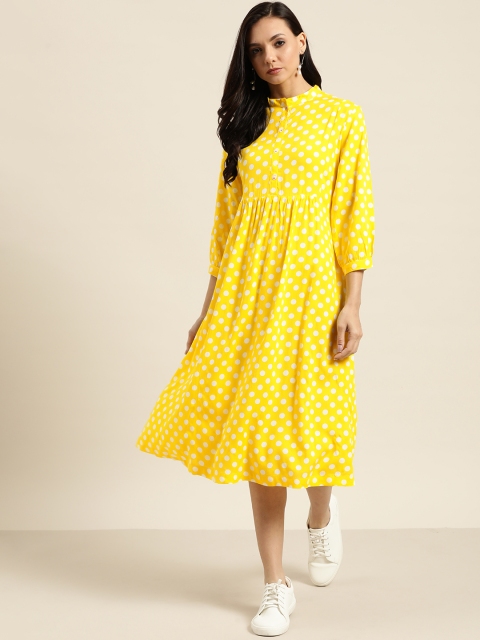 

Sangria Women Yellow & White Polka Printed A-Line Dress