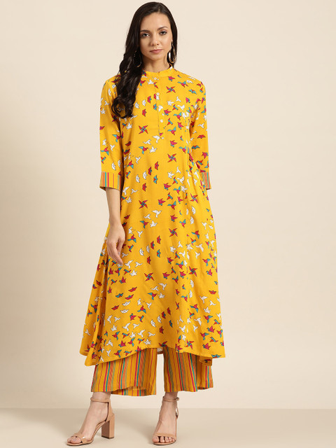 

Sangria Women Mustard & Off-White Geometric Printed Kurta with Palazzos