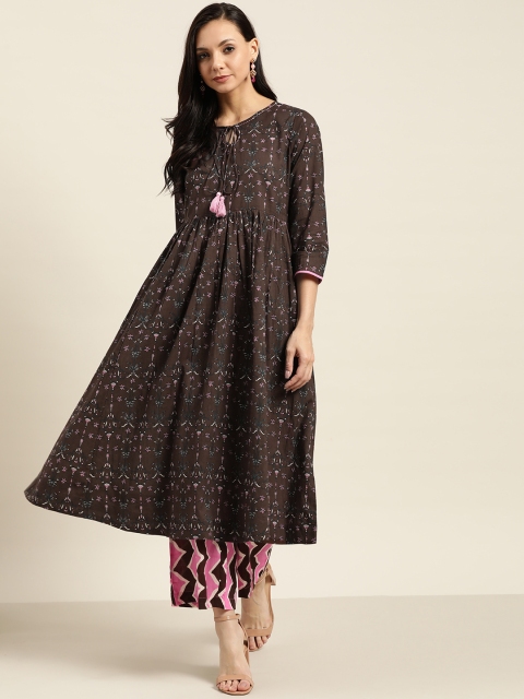 

Sangria Women Coffee Brown & Pink Printed Kurta with Trousers