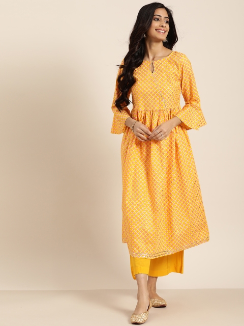 

Sangria Women Yellow & Pink Ethnic Print Pure Cotton A-Line Kurta with Palazzos