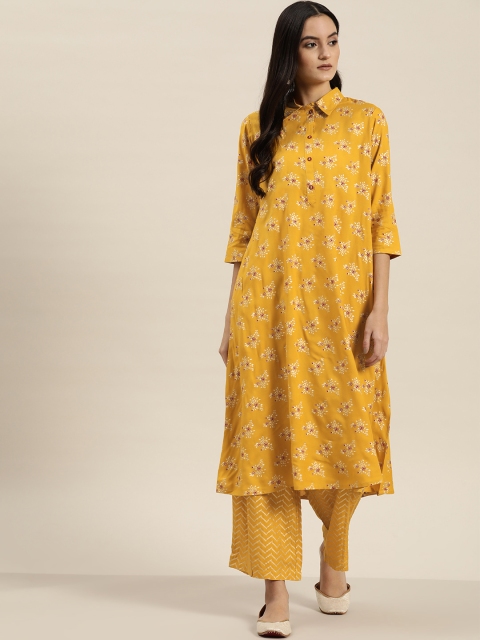 

Sangria Women Mustard Yellow & Golden Floral Print Shirt Kurta & Palazzos