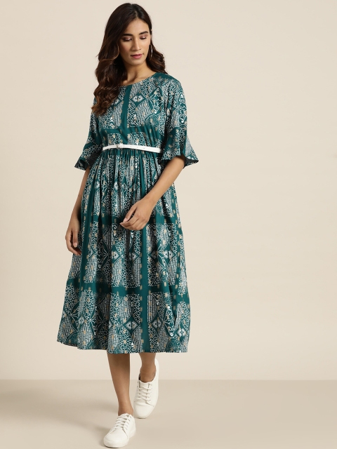 

Sangria Teal Green & White Ethnic Motifs Print Pure Cotton A-Line Midi Dress