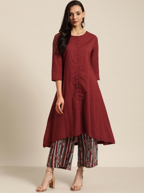 

Sangria Women Maroon Solid Pure Cotton Kurta With Striped Trousers