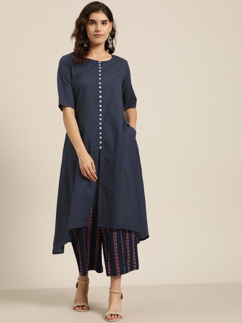 

Sangria Women Navy Blue Solid Pure Cotton High-Low Kurta with Palazzos