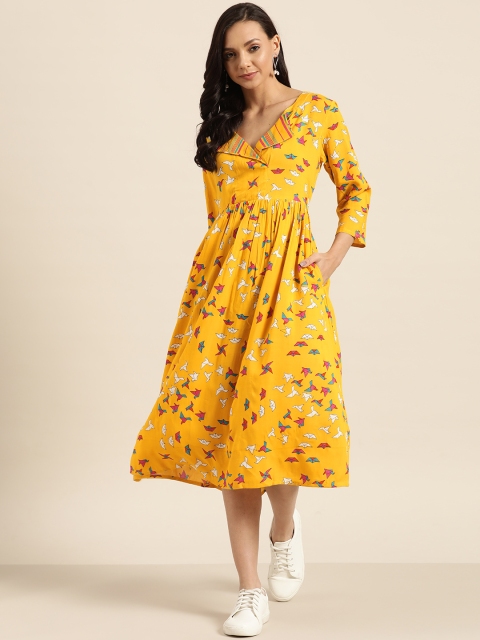 

Sangria Women Yellow & Pink Printed A-Line Dress