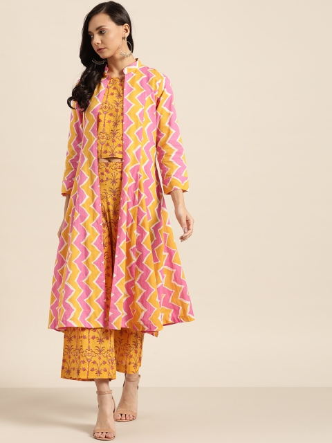 

Sangria Women Mustard Yellow & Pink Printed Top with Palazzos & Jacket