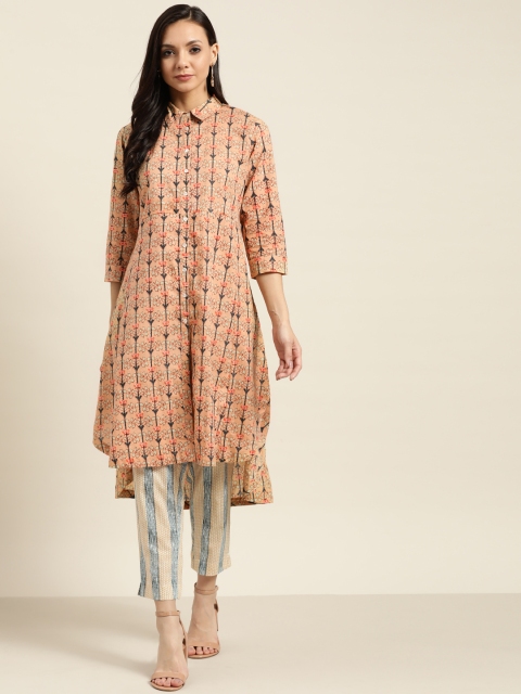 

Sangria Women Peach-Coloured & Orange Cotton Printed Kurta with Trousers