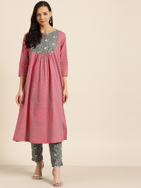 

Sangria Women Pink & Grey Pure Cotton Printed Kurta with Trousers
