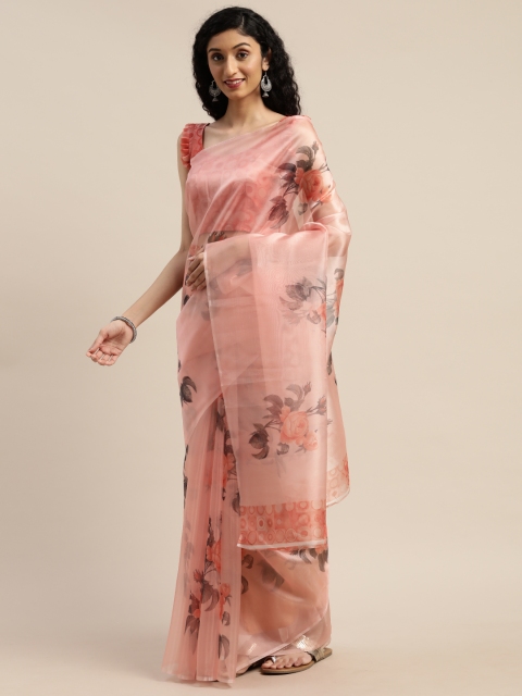 

Rajnandini Peach-Coloured Floral Printed Semi Sheer Organza Saree