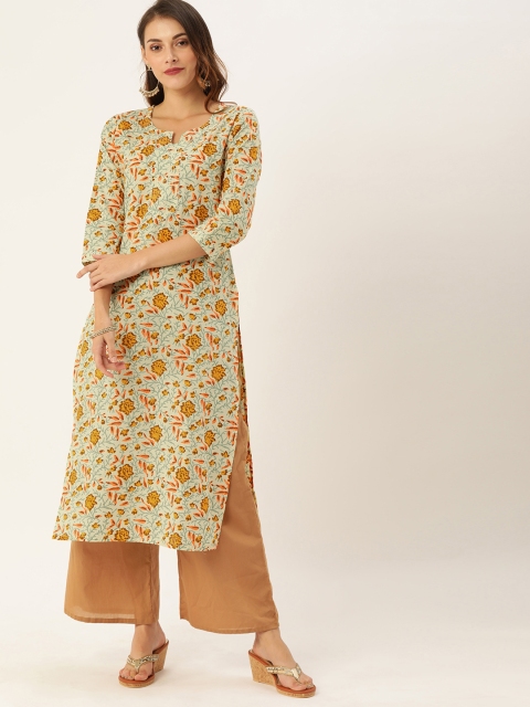 

Rajnandini Women Beige & Rust Orange Floral Printed Zari Trim Straight Kurta