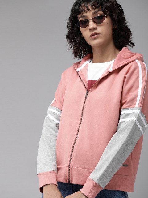 

Roadster Women Peach-Coloured Solid Drop Shoulder Hooded Sweatshirt