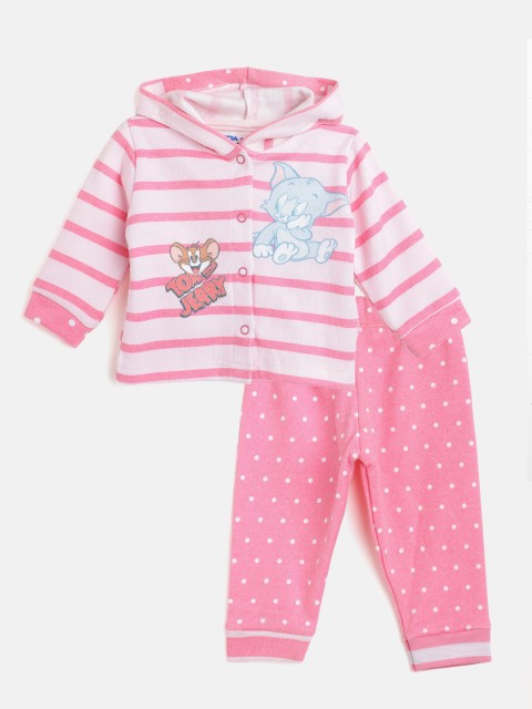 

Moms Love Girls Pink & White Pure Cotton Striped T-shirt with Polka Dot Trousers