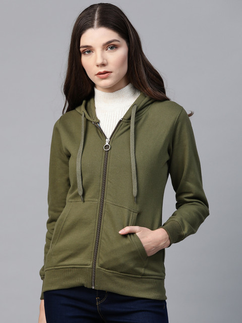 

Fort Collins Women Olive Green Solid Hooded Sweatshirt