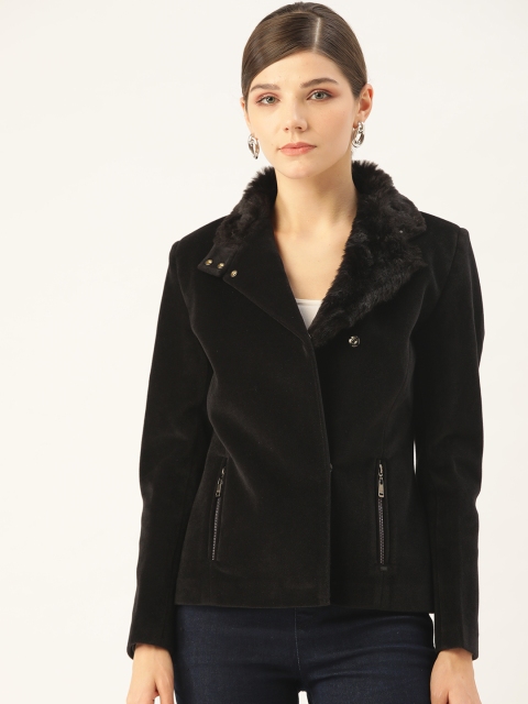 

Okane Women Black Solid Overcoat with Velvet Finishing