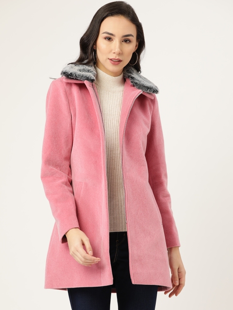 

Okane Women Pink Solid Velvet Finish Overcoat