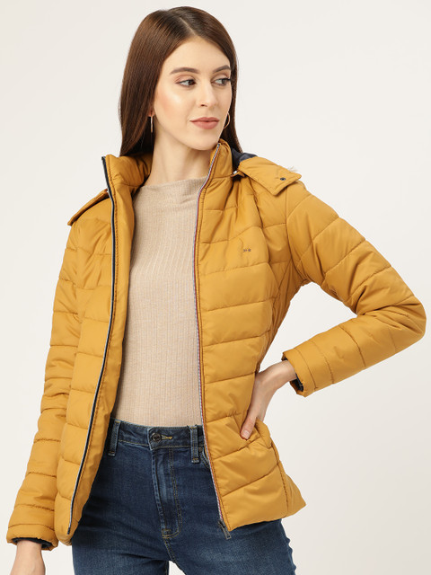 

Okane Women Mustard Yellow Solid Hooded Parka Jacket