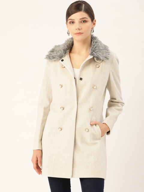 

Okane Women Grey Melange Solid Overcoat with Velvet Finishing