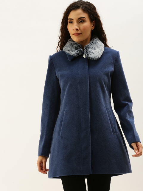 

Okane Women Navy Blue Solid Velvet Finish Overcoat with Detachable Faux Fur Trim