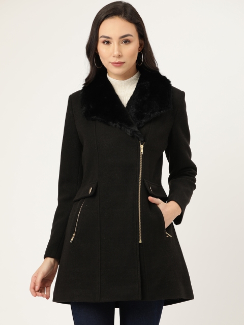 

Okane Women Black Solid Faux Fur Trimmed Longline Single-Breasted Overcoat