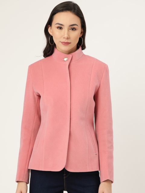 

Okane Women Pink Solid Velvet Finish Single-Breasted Coat