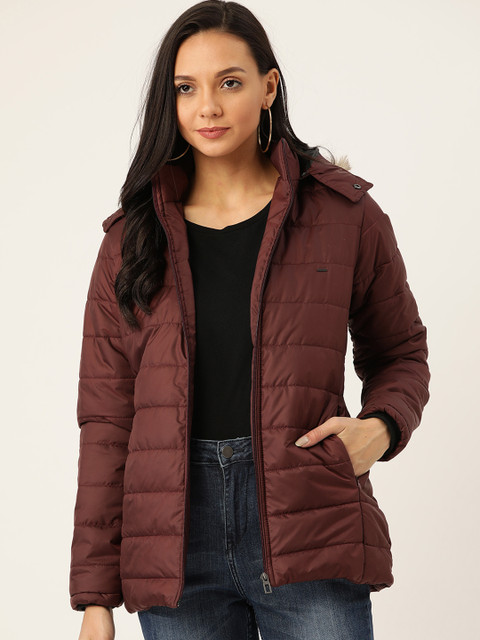 

Okane Women Burgundy Solid Hooded Parka Jacket